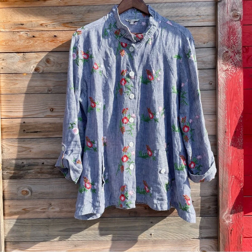 John.Mark linen button down collar loose fit embroidered top - Picture 1 of 12